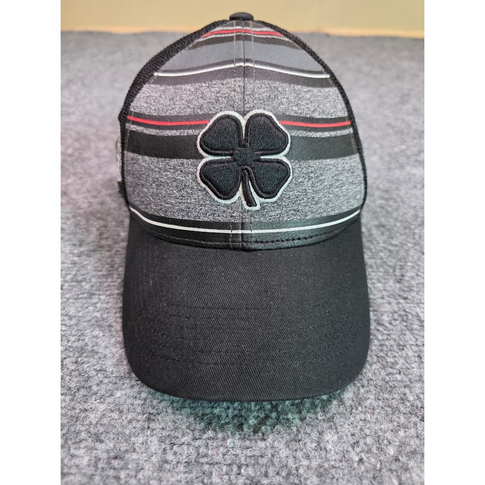 Black Clover Hat Mens L/XL Black Striped Luck 3 Trucker England Logistics Logo
